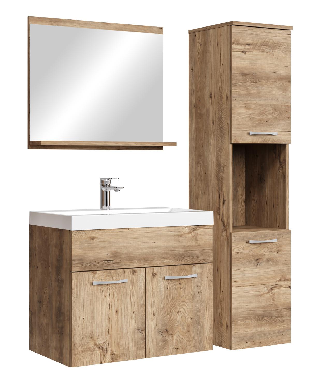 BADMÖBEL-SET Montreal 4 Teile Kastanien Eiche - 60 x 35 x 51 cm - Chromfarben/Nussbaumfarben, Holz/Metall (60/51/35cm) - Badplaats