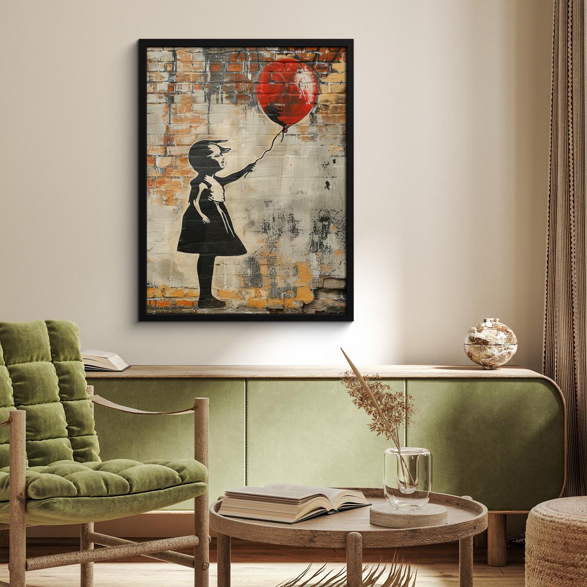 POSTER MIT RAHMENGERAHMTES BILD Graffiti - Banksy - Mädchen - Straßenkunst Posterleiste 60x80 cm - Sandfarben, Papier (60/80cm) - MuchoWow