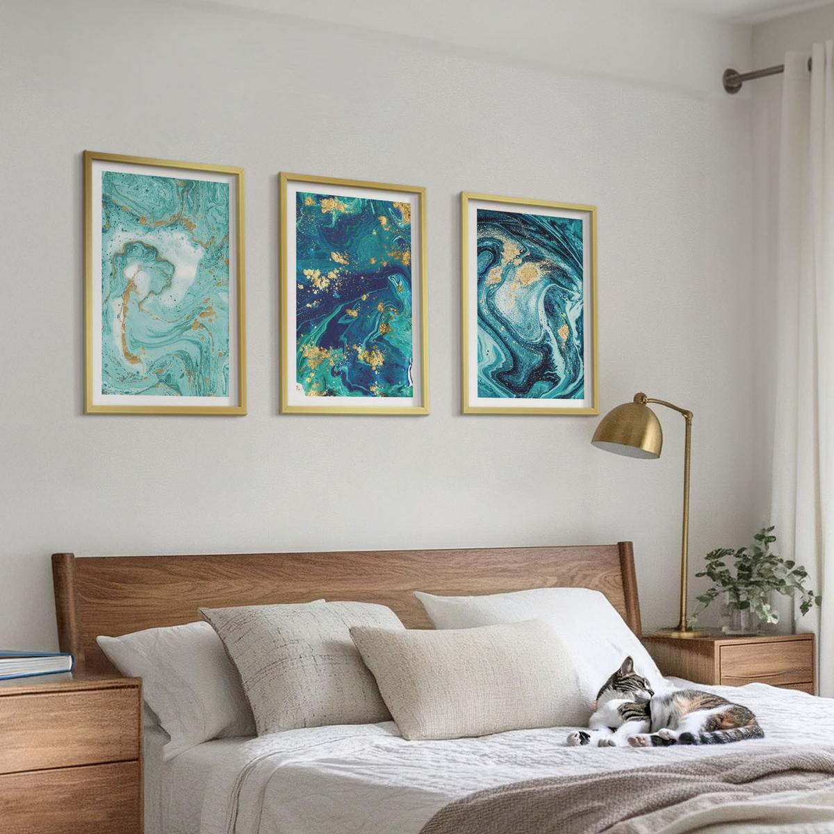 BILDER SET 3er Set - 40x60 cm Goldrahmen - Abstraktion von Türkisfarbe - Goldfarben, Kunststoff (40/60cm) - TULUP