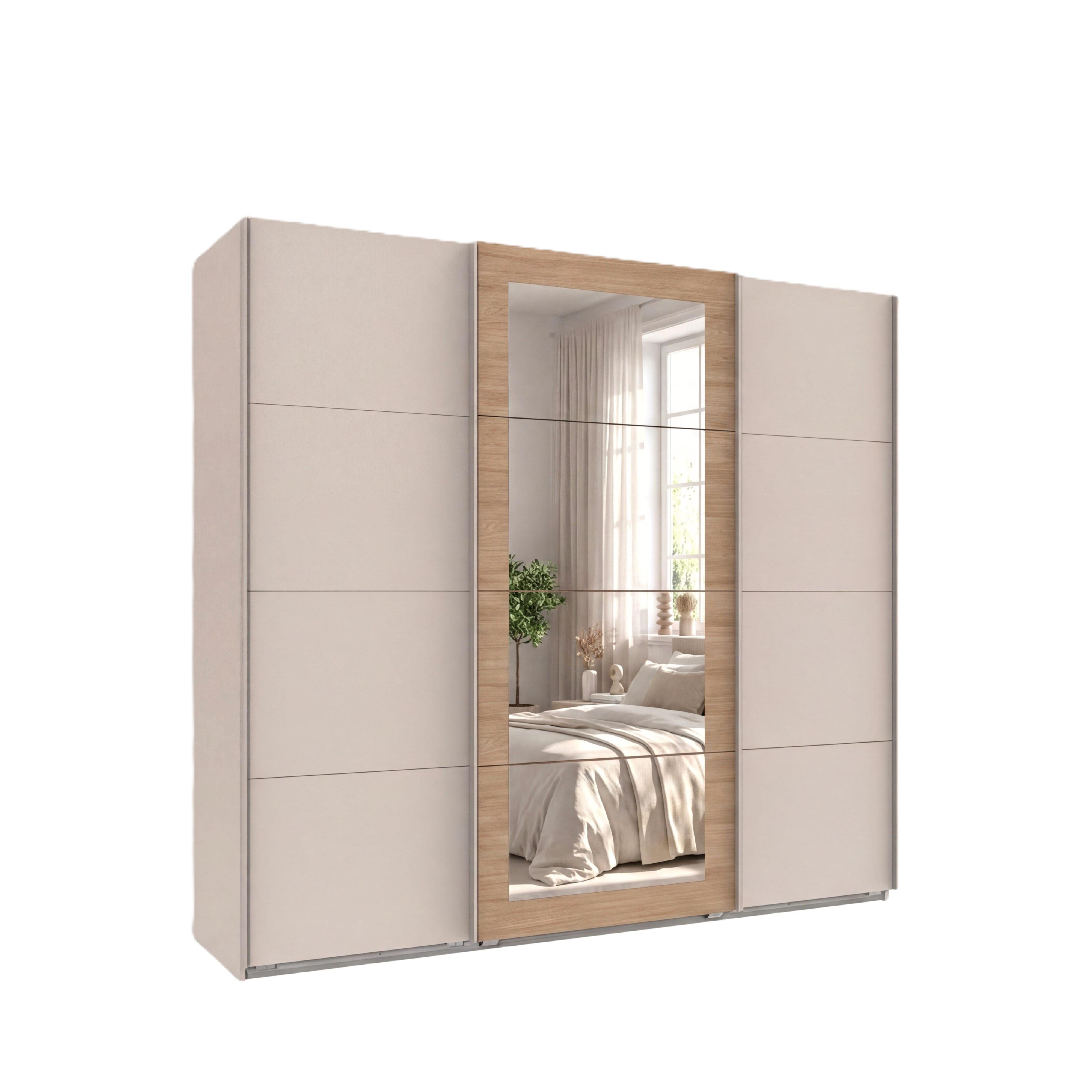 SCHWEBETÜRENSCHRANK 3-türig B225/H208/64 cm Kleiderschrank in Beige Grau, Spiegel umrahmt in Eiche Natur, Griffe Beige Grau / 22625 - Beige/Grau, Holzwerkstoff/Metall (225/208/64cm) - luma-home