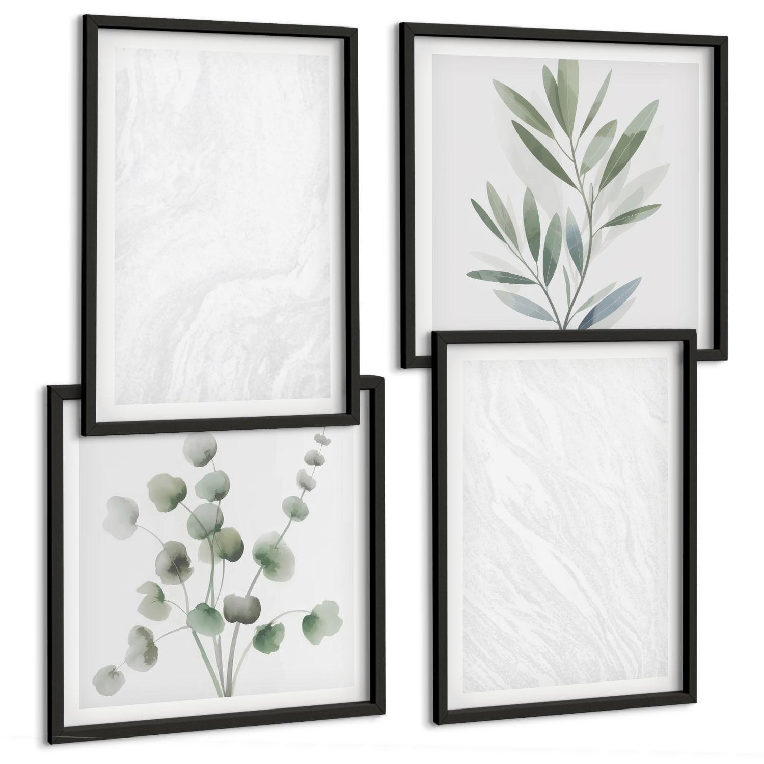 BILDER SET 4er Set - 50x50 cm & 40x60 cm Schwarzer Rahmen - Marmorstruktur, pastellfarbene Zweige - Schwarz, Kunststoff (50/50cm) - TULUP