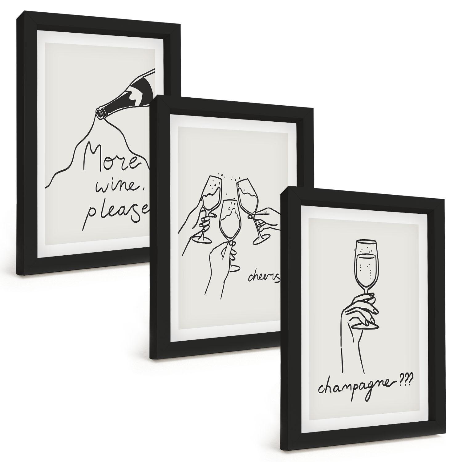 BILDER SET 3er Set - 20x30 cm Schwarzer Rahmen - Champagner-Wein-Linienzeichnung - Schwarz, Kunststoff (20/30cm) - TULUP