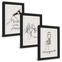 BILDER SET 3er Set - 20x30 cm Schwarzer Rahmen - Champagner-Wein-Linienzeichnung - Schwarz, Kunststoff (20/30cm) - TULUP