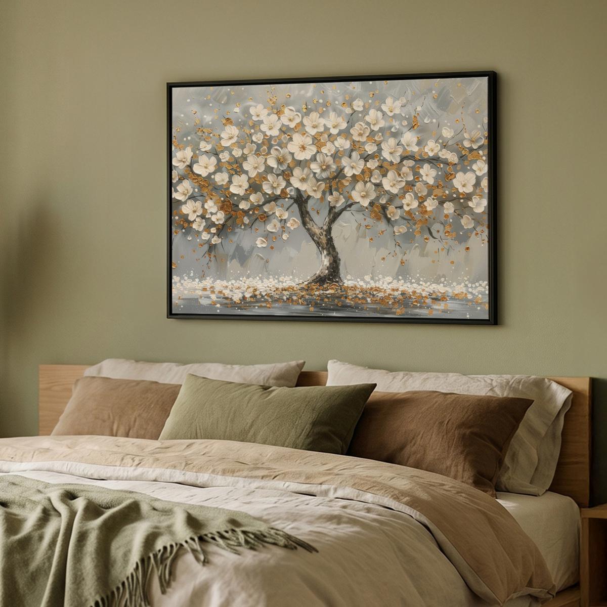LEINWAND Bilder mit Rahmen - Baum - Blumen - Weiß - Natur - Kunst - 100x70 - Weiß, Textil (100/70cm) - MuchoWow