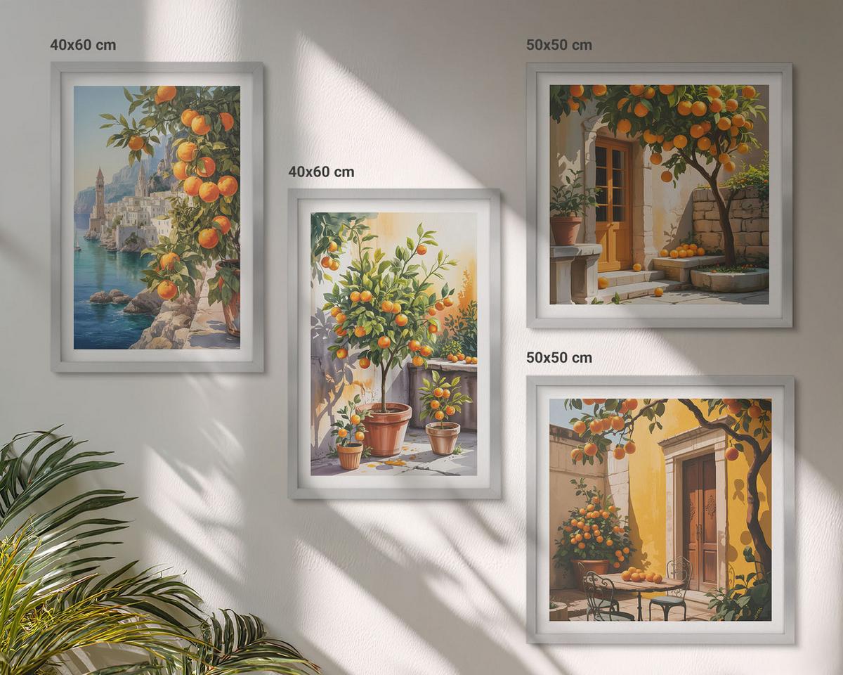 BILDER SET 4er Set - 50x50 cm & 40x60 cm Silberner Rahmen - Gemalte Zitruslandschaften - Silberfarben, Kunststoff (50/50cm) - TULUP