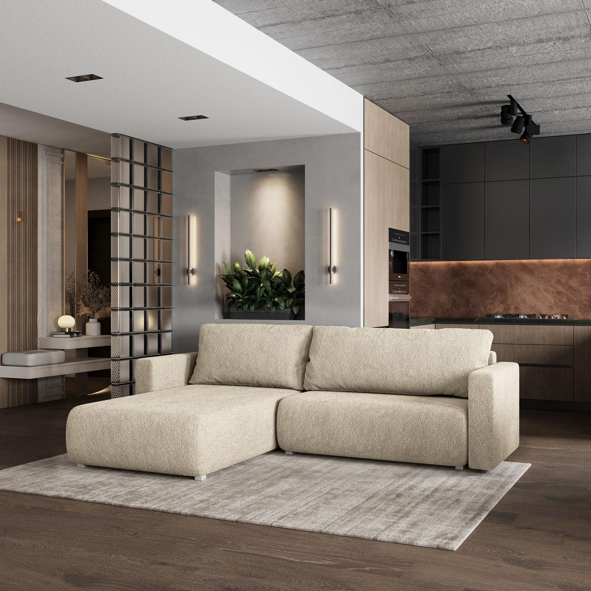 ECKSOFA TURIN N Creme Bucle-Stoff mit Schlaffunktion - Creme/Grau, Holz/Kunststoff (265/183cm) - MASSENO