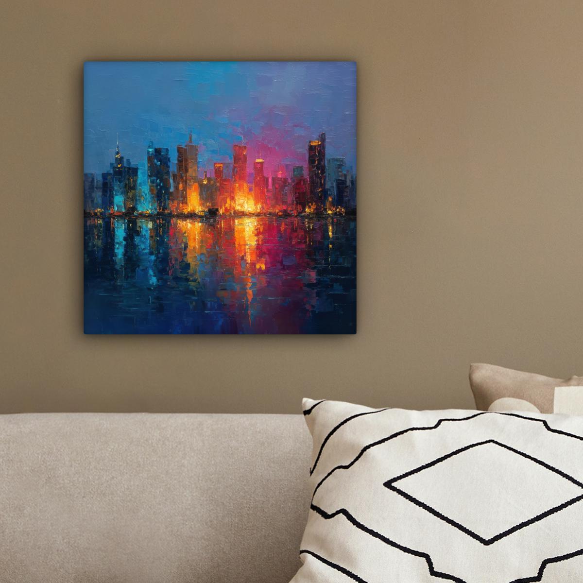 LEINWANDBILD Skyline - Pinselstriche - Dunkelblau - Leuchtend Deko Wohnzimmer 20x20 cm - Blau, Textil (20/20cm) - MuchoWow