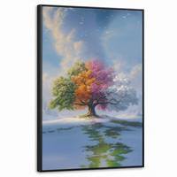 LEINWAND Bilder mit Rahmen - Baum - Jahreszeiten - Winter - Landschaft - 60x90 - Multicolor, Textil (60/90cm) - MuchoWow