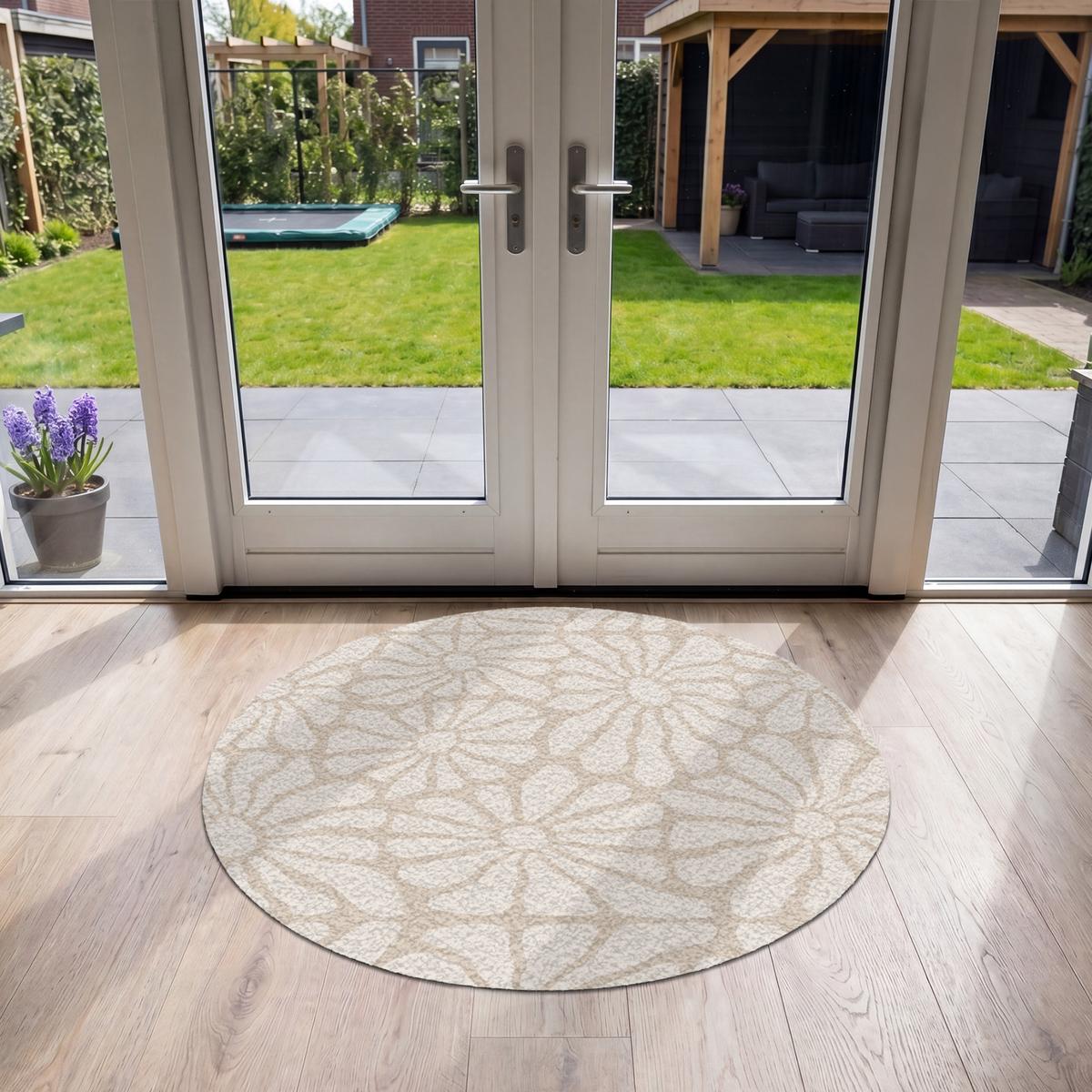 FUSSMATTE Floral - Druck - Beige - Braun - Minimalistisch Schmutzfangmatte 120x120 cm - Sandfarben, Kunststoff (120/0.4cm) - MuchoWow