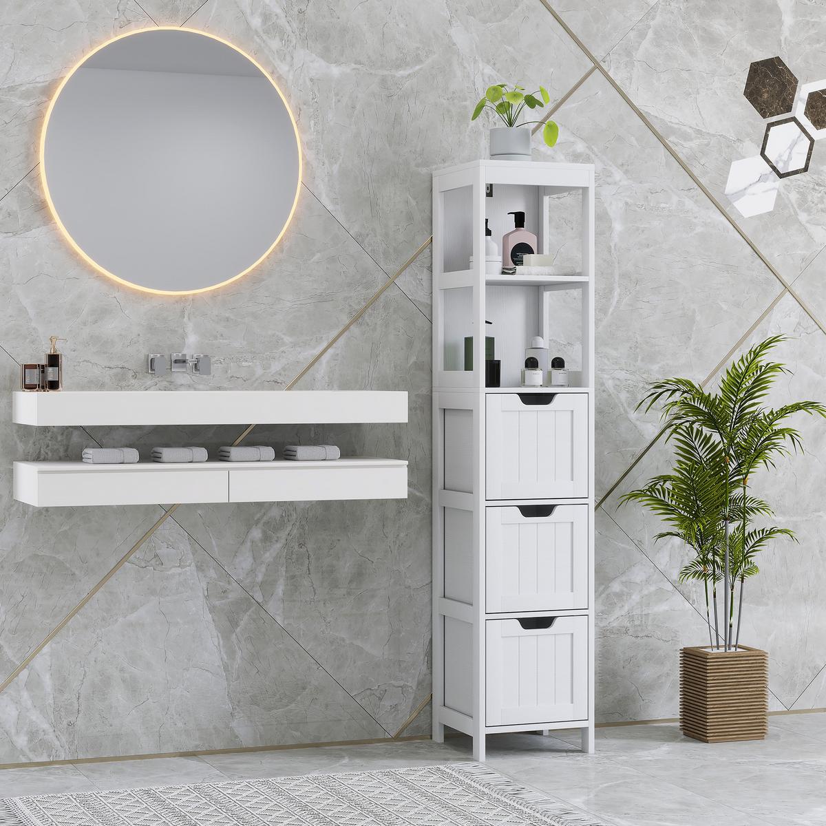 BADEZIMMERSCHRANK Badschrank Bad Hochschrank mit 3 Schubladen, 2 offenen Fächern - Weiß, Holz (30/142.4/30cm) - HOMCOM