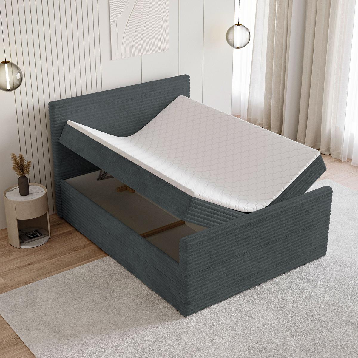 BOXBETT NOLEN 180x200 cm mit Matratze und Topper - Grau - Grau, Holz (180/200cm) - MASSENO