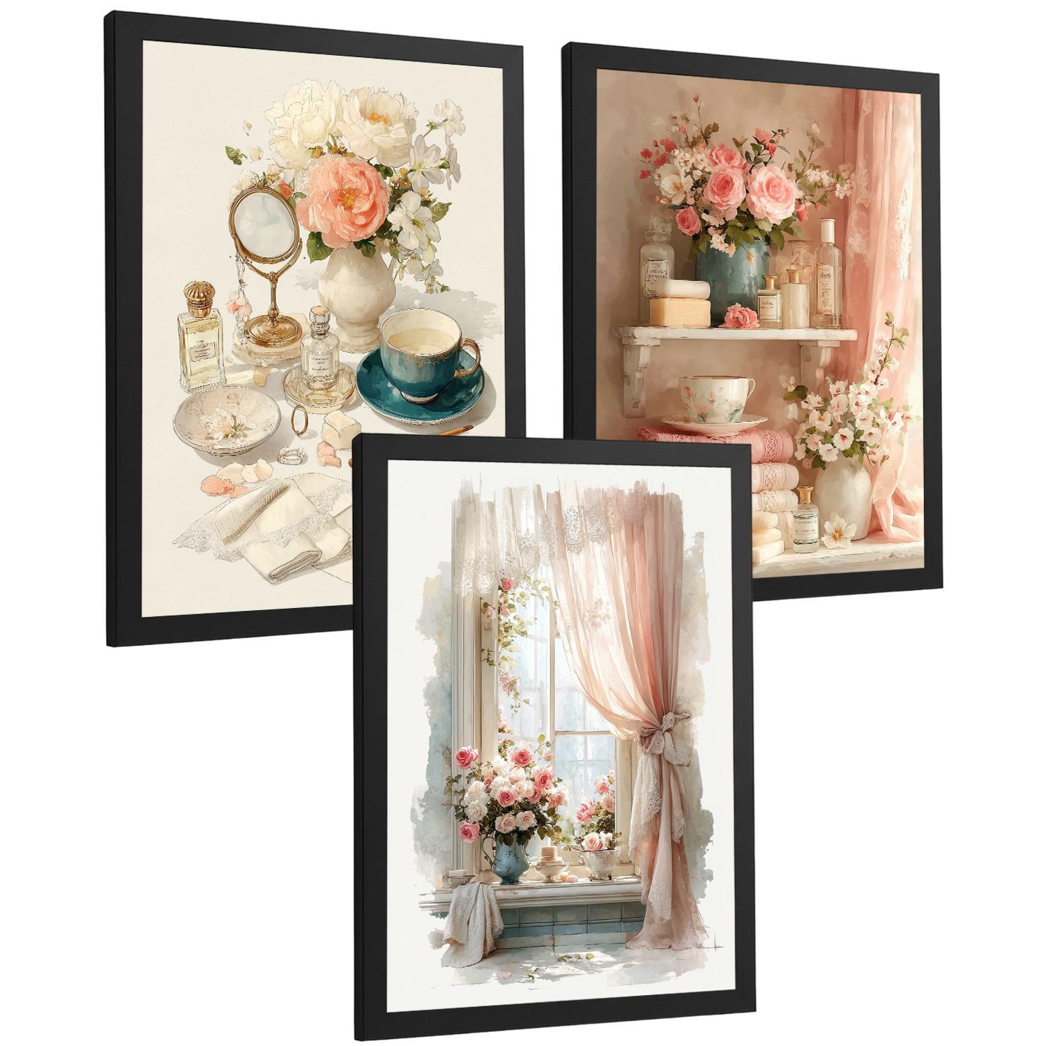 POSTER 3er-Set dekorative Badezimmerdrucke, romantischer Stil, Bilder mit Rosen, Parfums und Fenster, elegante, Wohndekoration Schwarzer Rahmen A4 - Schwarz, Papier (29.7/21/3cm) - Nacnic
