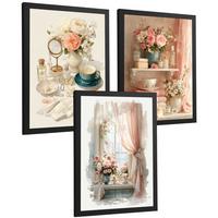 POSTER 3er-Set dekorative Badezimmerdrucke, romantischer Stil, Bilder mit Rosen, Parfums und Fenster, elegante, Wohndekoration Schwarzer Rahmen A4 - Schwarz, Papier (29.7/21/3cm) - Nacnic