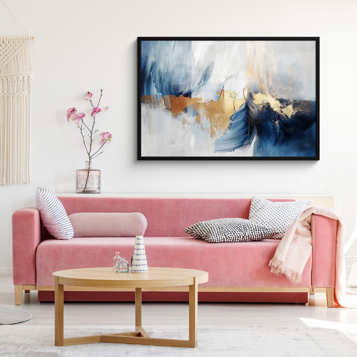 POSTER MIT RAHMENGERAHMTES BILD Gold - Blau - Aquarell - Kunst - Modern 120x80 cm - Hellblau, Papier (120/80cm) - MuchoWow