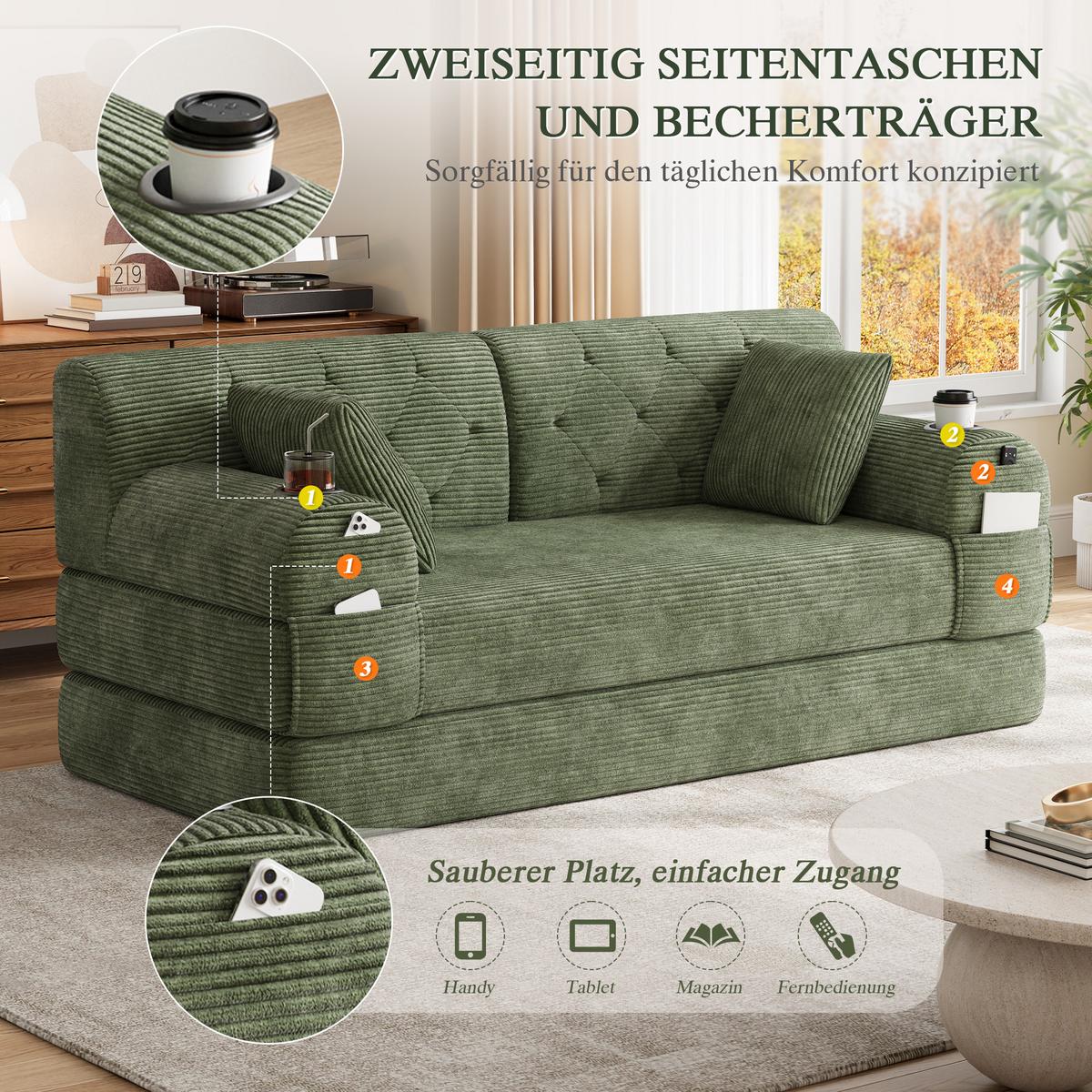 SCHLAFSOFA 2-in-1 Doppelschlafsofa Chenille Ausklappbar - Grün, Textil (168/81/80cm) - Urban Meuble
