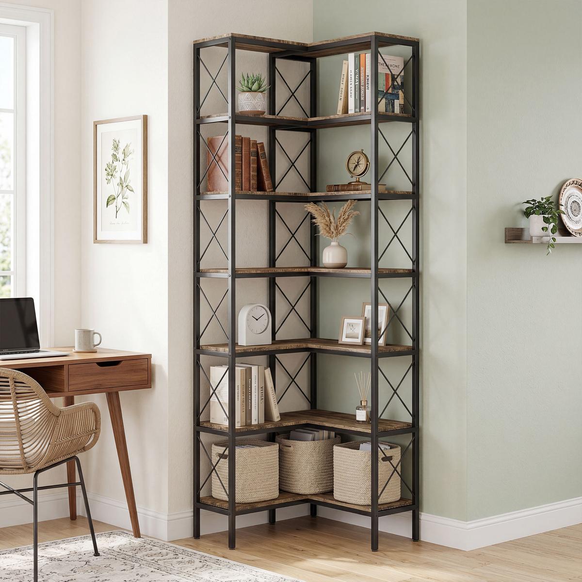 BÜCHERREGAL Spanplatte Metall Rustikal-Braun - Schwarz/Braun, Holzwerkstoff/Metall (60/200/60cm) - HOMCOM