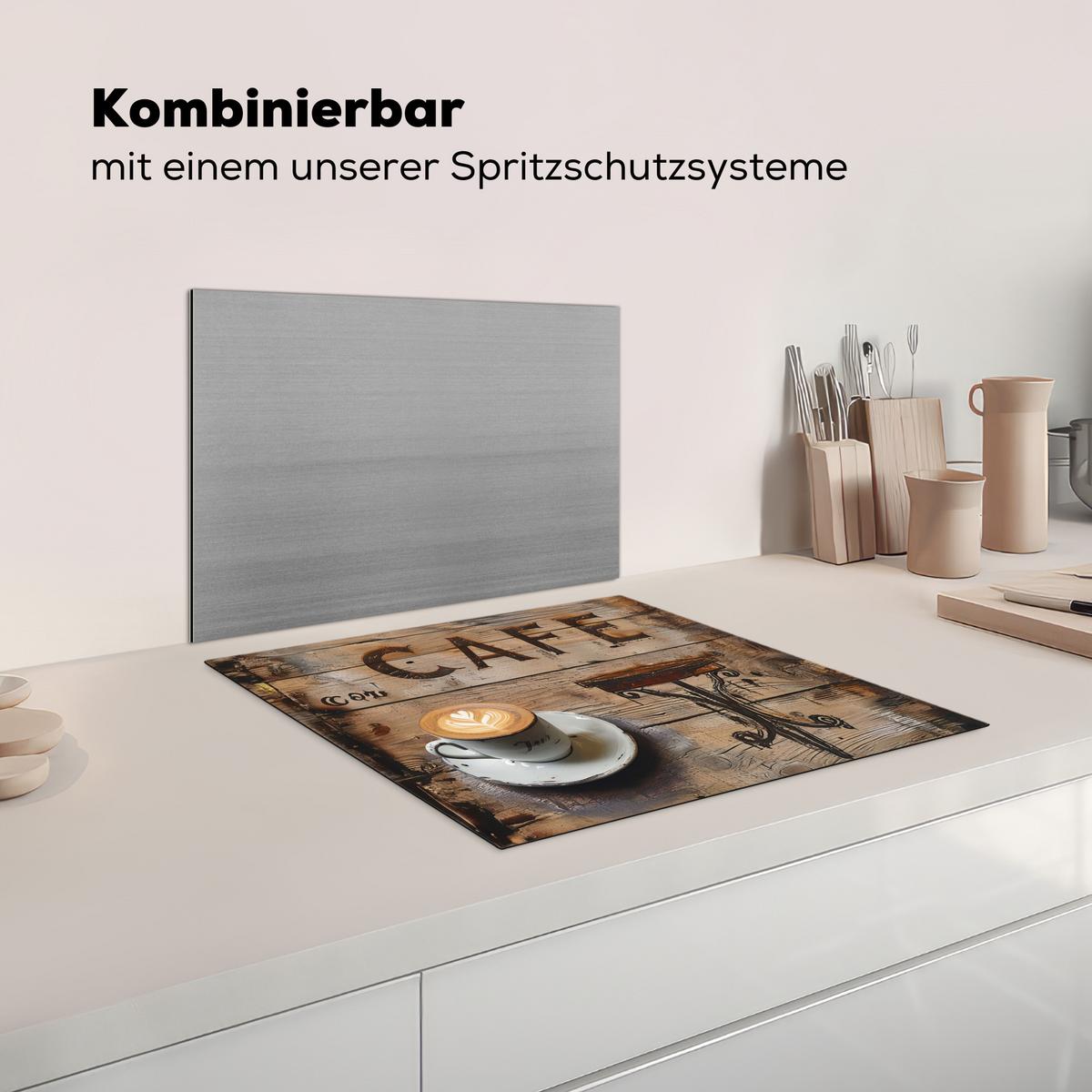 HERDABDECKPLATTE Cafe - Holz - Kaffee - Regale Herdabdeckung Induktionsfeld 60x52 cm - Schwarz, Kunststoff (60/52/0.2cm) - MuchoWow
