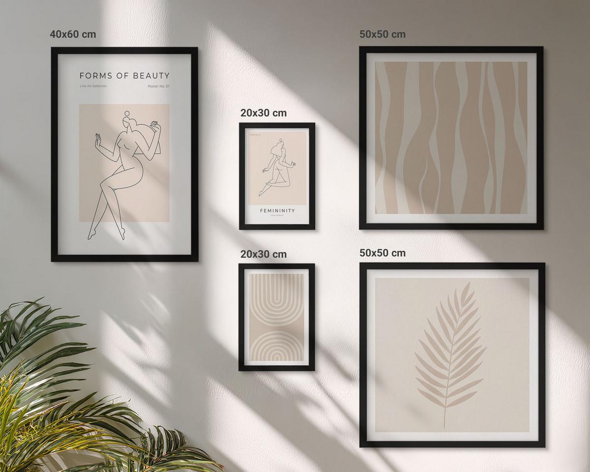 BILDER SET 5er Set - 50x50 cm & 20x30 cm & 40x60 cm Schwarzer Rahmen - Abstrakte Boho-Dekorationen - Schwarz, Kunststoff (40/60cm) - TULUP