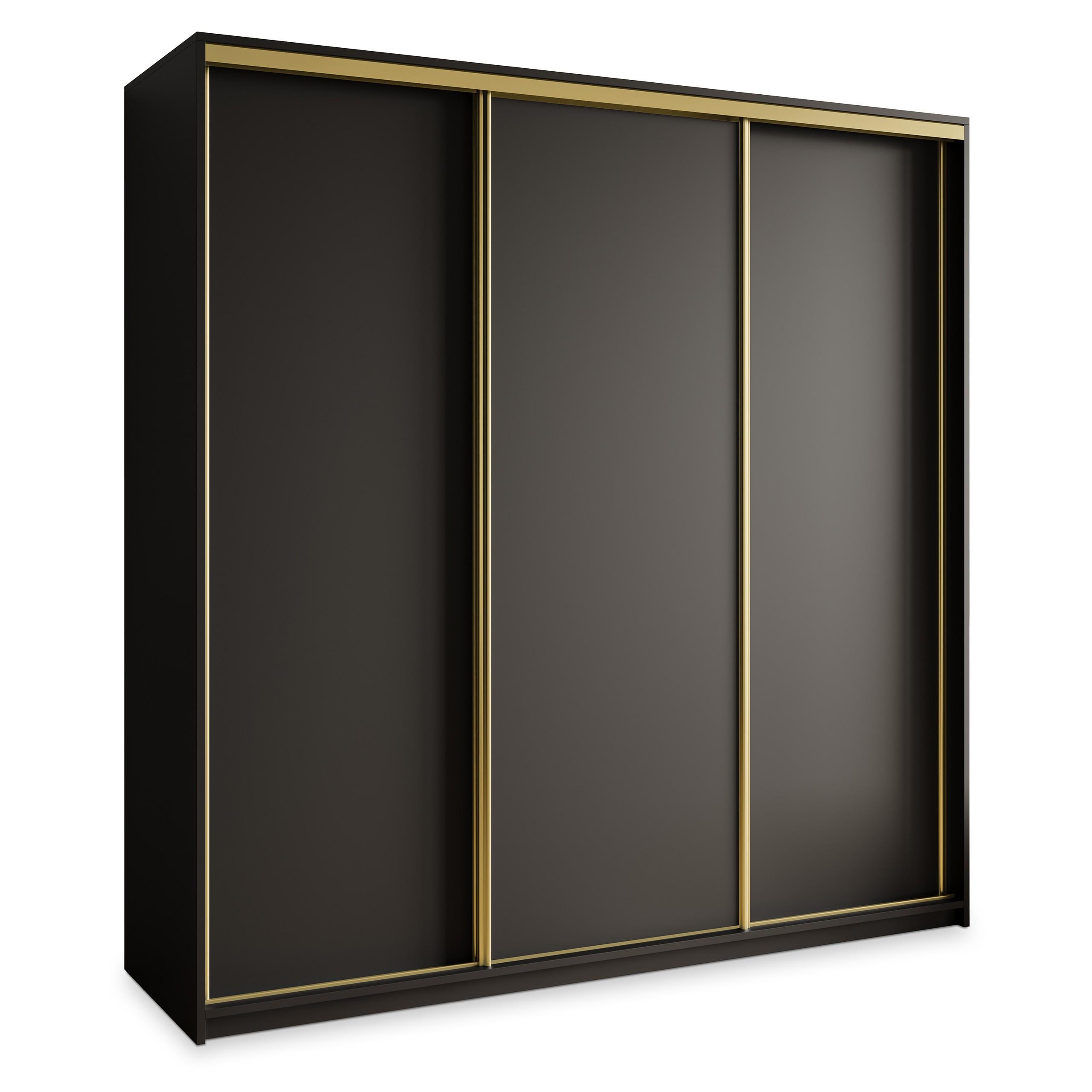 SCHWEBETÜRENSCHRANK NISSE 180/205/60 cm 3-türig mit Schubladen Schwarz - Goldfarben/Schwarz, Holzwerkstoff (180/205/60cm) - MASSENO