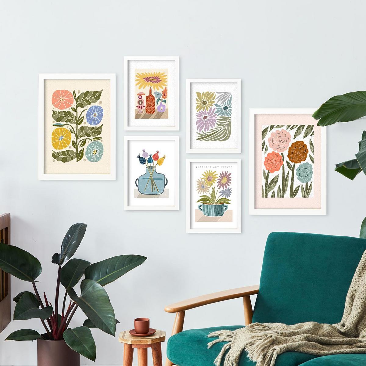 POSTER Set Mit 6 Drucken Blüten In Der Sammlung Ethnischer Style Drucke Dekorative Rahmen Für Ihr Zuhause Wandkunstdruck A3 & A4 Weißer Rahmen - Weiß, Papier (29/3cm) - Nacnic