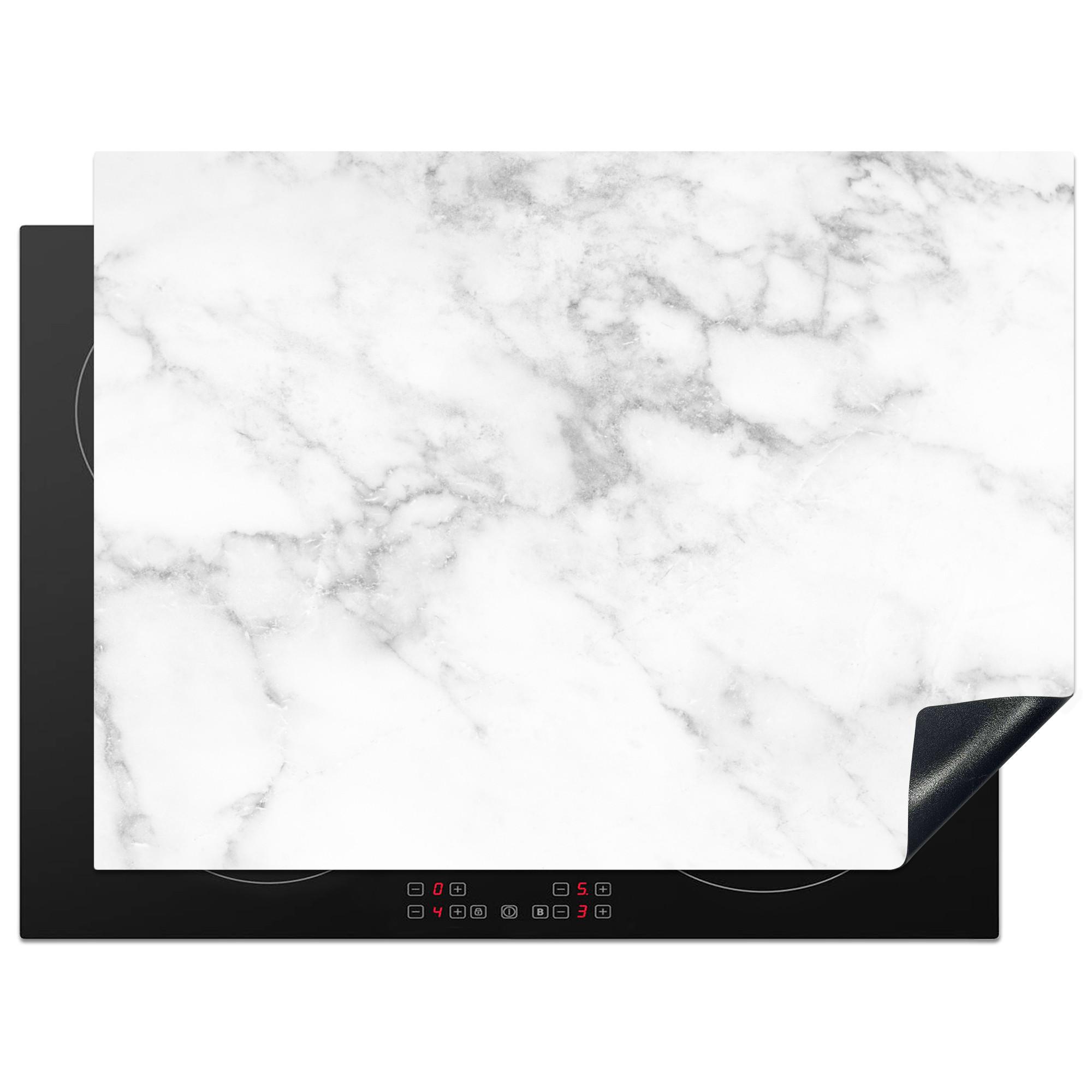 HERDABDECKPLATTE Marmor - Grau - Weiß - Strukturierter Marmor Herdabdeckung Induktionsfeld 70x52 cm - Weiß, Kunststoff (70/52/0.2cm) - MuchoWow