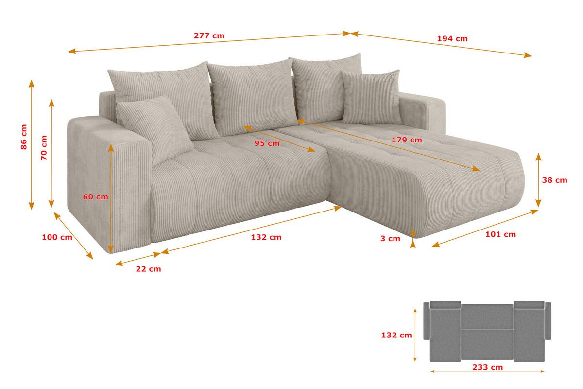 ECKSOFA mit Schlaffunktion Ottomane Rechts MILA-L 277x194x86 Creme Cord - Ecru/Creme, Holzwerkstoff/Kunststoff (277/194cm) - ALTDECOR
