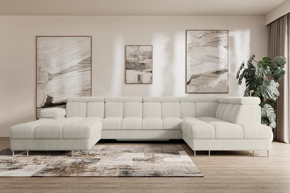 WOHNLANDSCHAFT mit Schlaffunktion und Bettkasten Ottomane RECHTS COMA U 345x203x79 Creme Cord - Mokka, Holzwerkstoff/Textil (203/79/345cm) - ALTDECOR