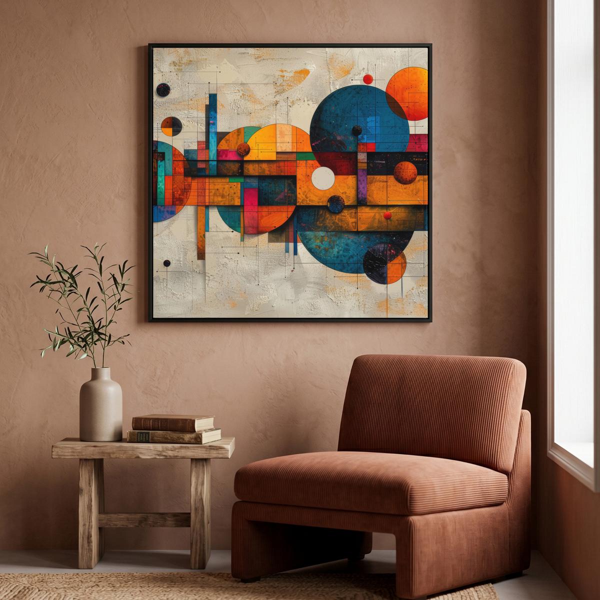 LEINWAND Bilder mit Rahmen - Vintage - Moderne Kunst - Orange - Geometrische Formen - 90x90 - Multicolor, Textil (90/90cm) - MuchoWow