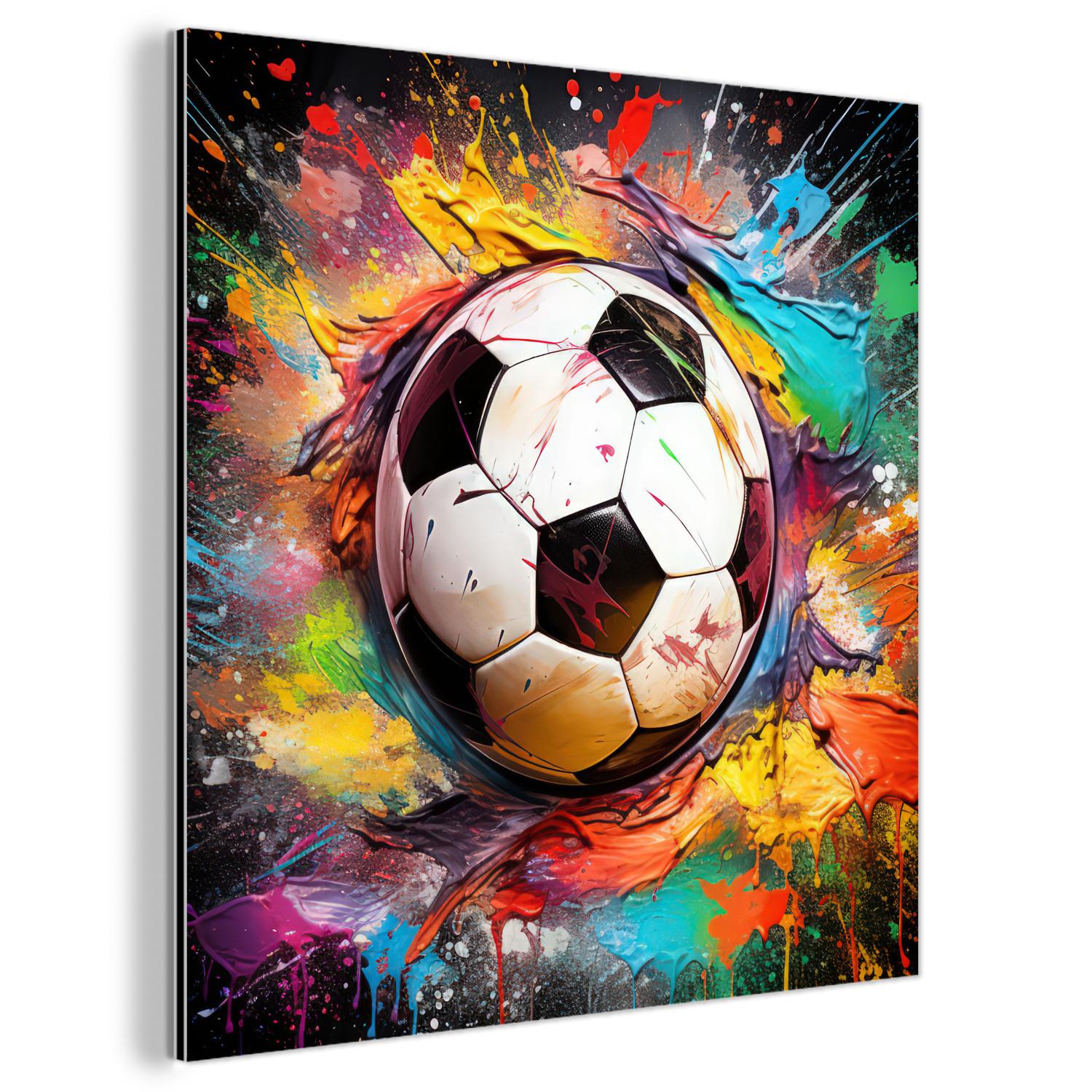 METALLBILD Fußball - Farbe - Farben - Schwarz - Weiß 20x20 cm - Weiß, Metall (20/20cm) - MuchoWow