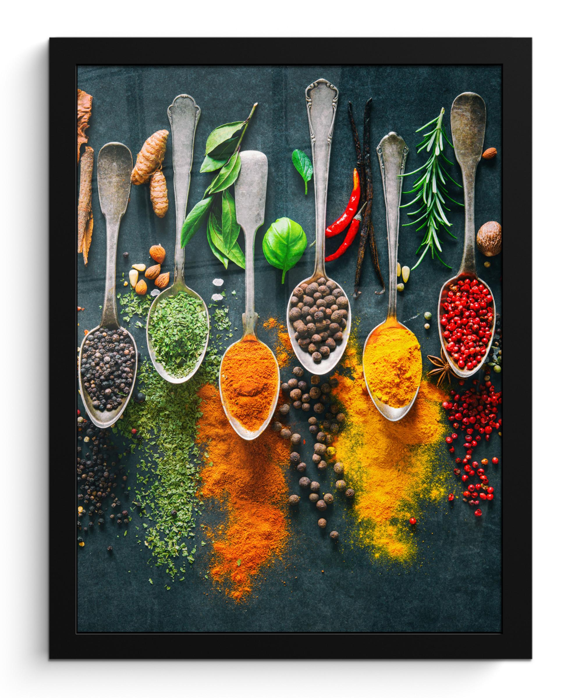 POSTER MIT RAHMENGERAHMTES BILD Kräuter - Gewürze - Löffel Bilderrahmen 30x40 cm - Currygelb, Papier (30/40cm) - MuchoWow