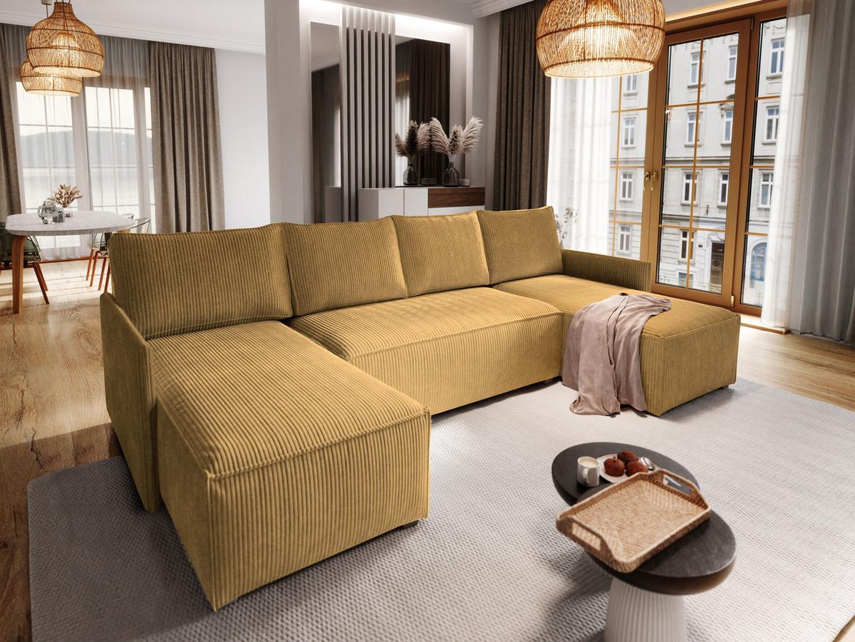 WOHNLANDSCHAFT TRES Gelb Kordstoff mit Schlaffunktion - Gelb/Grau, Holz/Kunststoff (271/85/140cm) - MASSENO