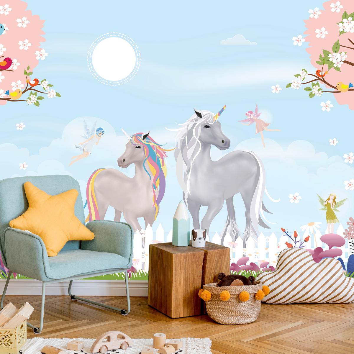 FOTOTAPETE für Kinderzimmer Einhörner Wiese Vögel Bäume Blumen 150x105 - Multicolor, Papier (150/105cm) - Muralo