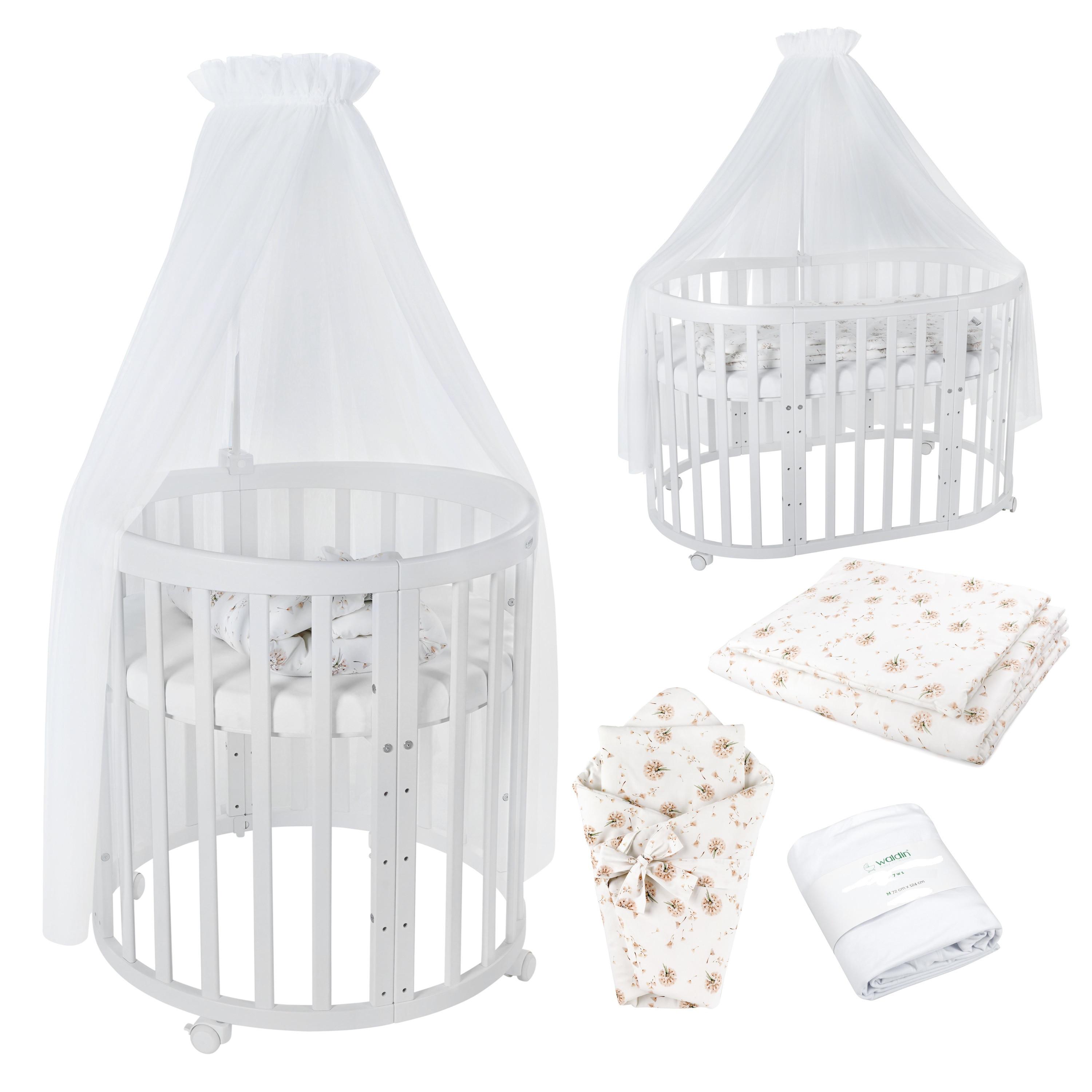 BABYBETT WHITE OVAL 7in1 mit Matratze und Himmelset - Weiß/Braun, Holz/Textil (73/125cm) - waldin