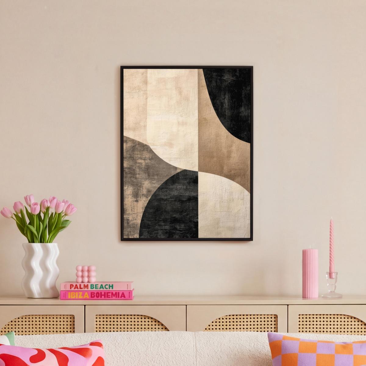 LEINWAND Bilder mit Rahmen - Abstrakt - Flugzeuge - Schwarz - Rund - 50x70 - Beige, Textil (50/70cm) - MuchoWow