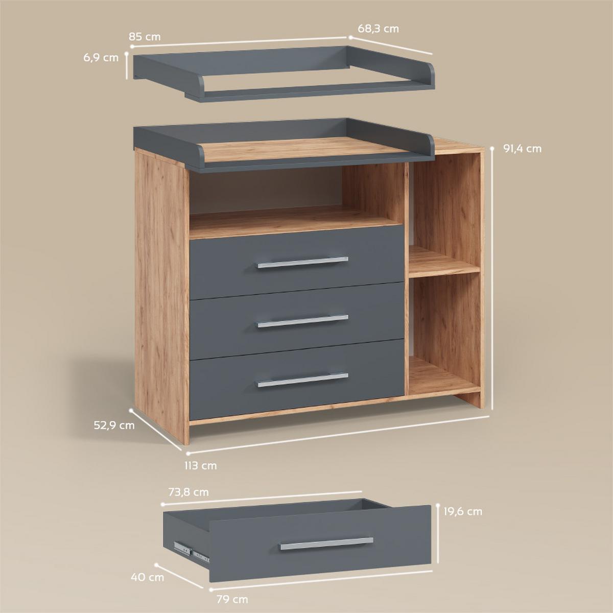 WICKELKOMMODE Torino Anthrazit/Sonoma mit Schubladen - Anthrazit/Sonoma Eiche, Holzwerkstoff (113/100/53cm) - Livinity®