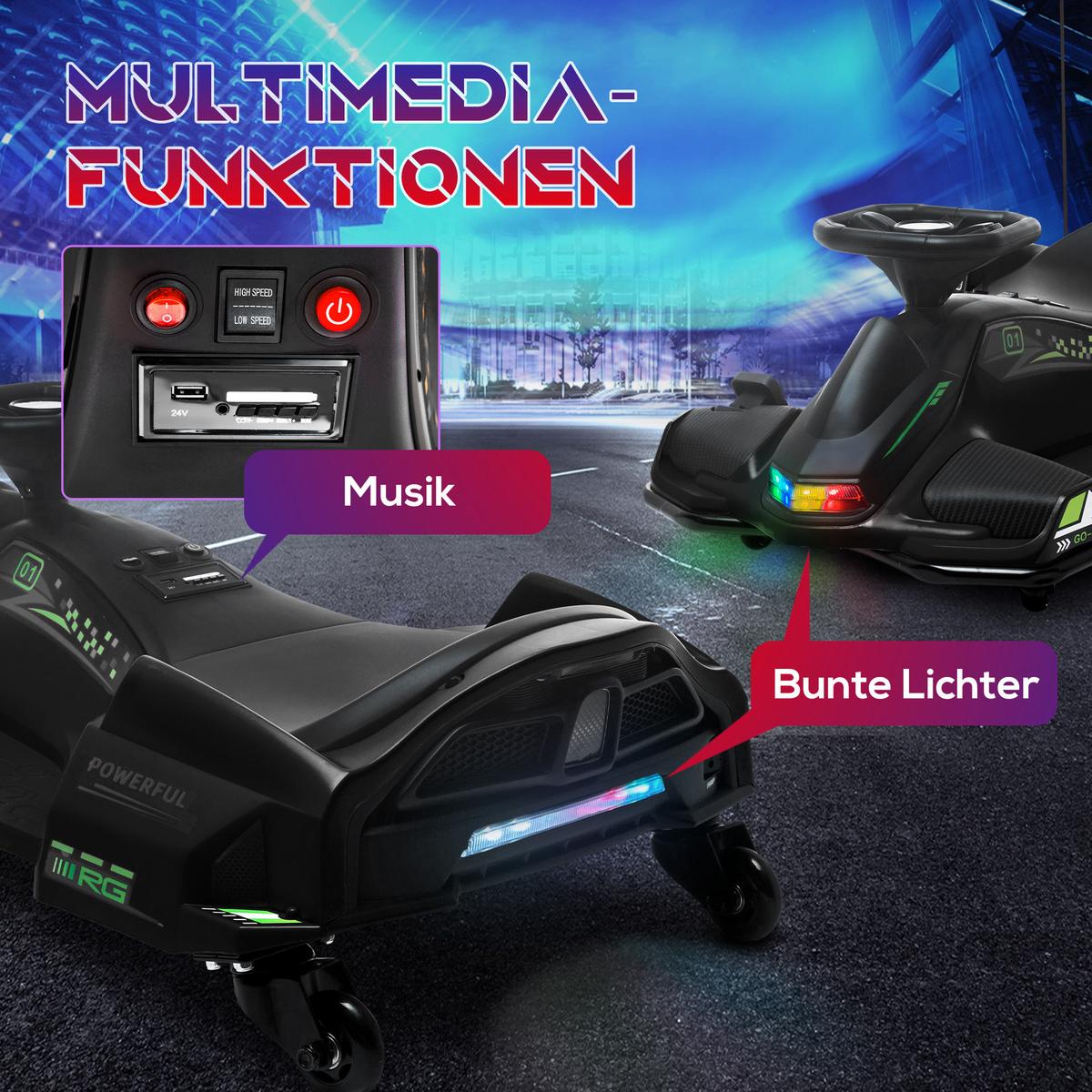 KINDER-ELEKTROGOKART 12 V 3-8km/h Drift Kart mit Driftmodus Lichtern Musik - Schwarz, Kunststoff (90/53/99cm) - HOMCOM
