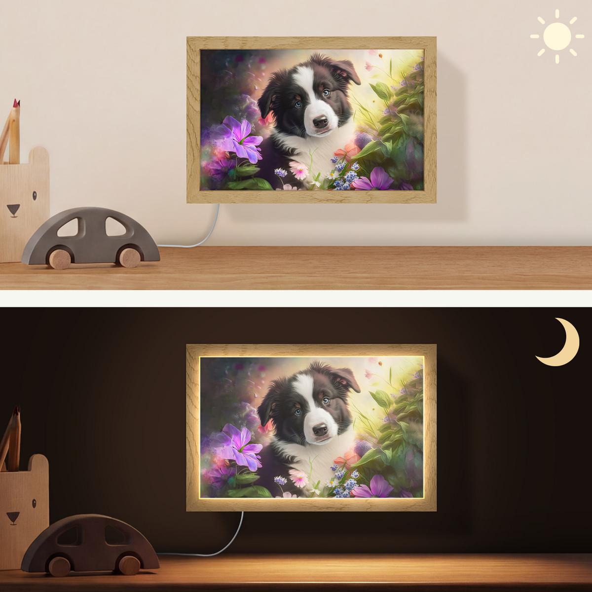 WANDLEUCHTE Welpe - Sonne - Blumen - Natur - Border Collie - Hund 30x20 cm - Violett, Holzwerkstoff (30/20/8cm) - OnlyWow