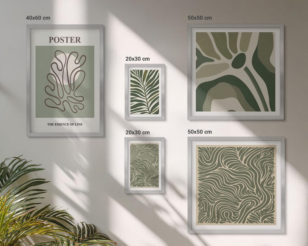 BILDER SET 5er Set - 50x50 cm & 20x30 cm & 40x60 cm Silberner Rahmen - Blattmuster und wellenförmige Formen - Silberfarben, Kunststoff (40/60cm) - TULUP