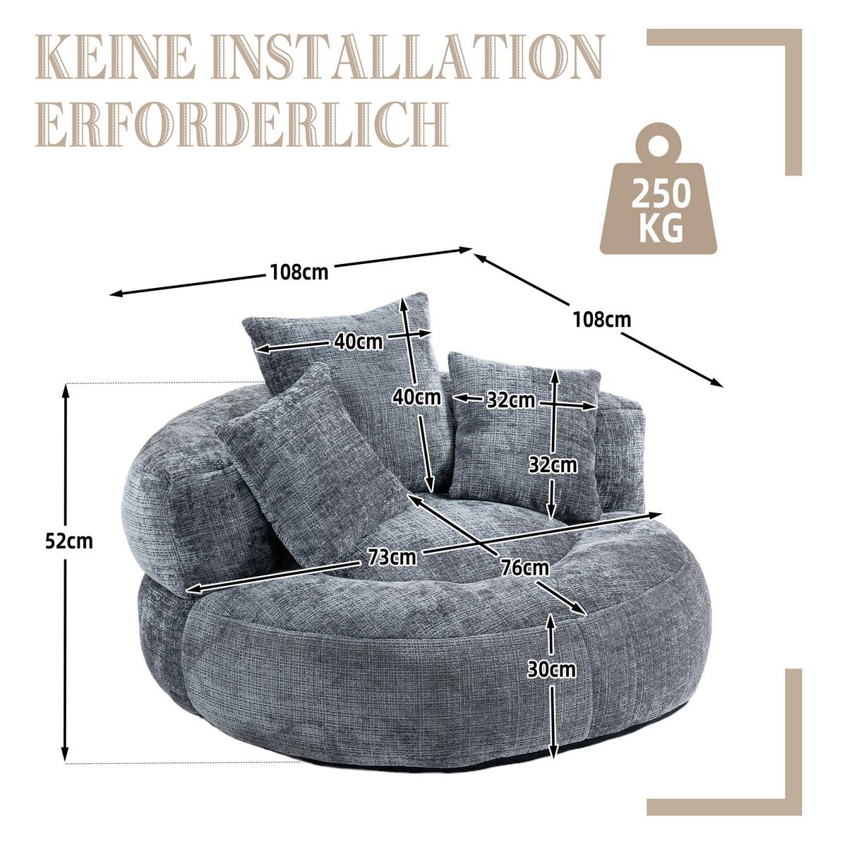 SITZSACK in Chenille mit 3 Kissen - Dunkelgrau, Textil (108/52/108cm) - Urban Meuble