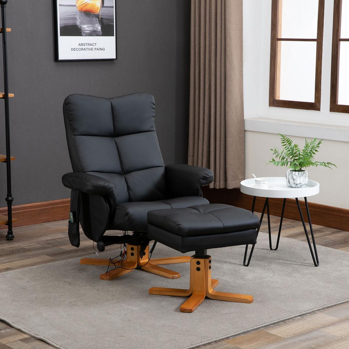 RELAXSESSEL mit Liegefunktion Massagesessel mit Fußhocker Polyester Schwarz - Anthrazit/Schwarz, Leder/Holz (86/99/80cm) - HOMCOM