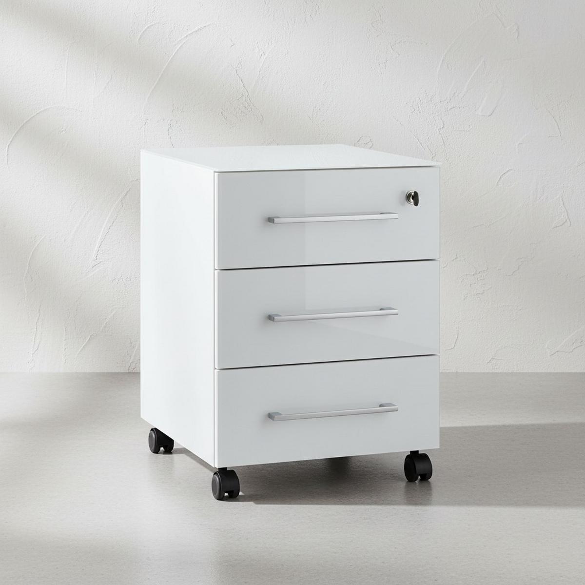 ROLLCONTAINER Glasfront 3 Schubladen Soft-Close & Abschließbar, Serie "Muenchen" Weiß - Weiß, Holzwerkstoff/Metall (40/55/50cm) - KADIMA DESIGN