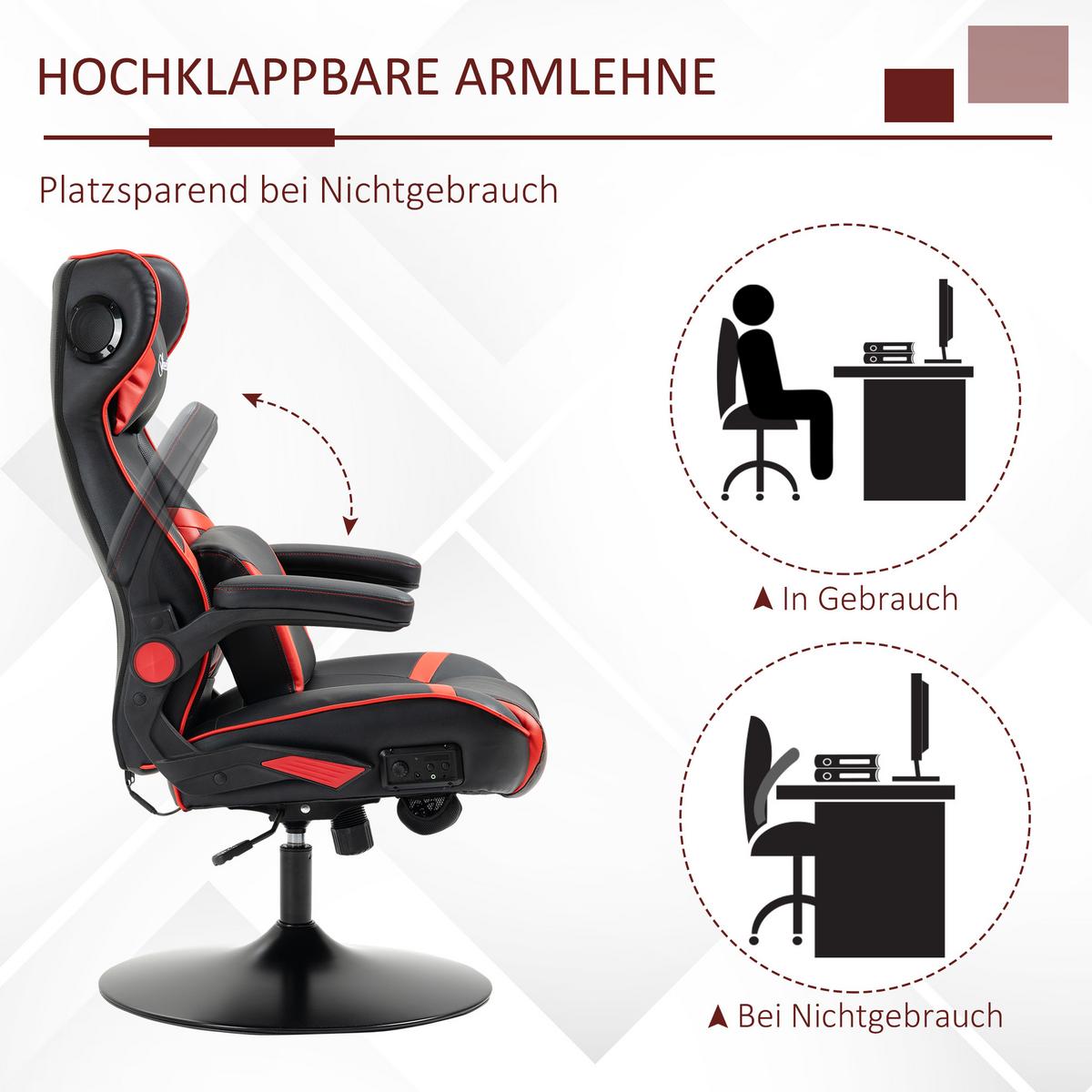 GAMINGSESSEL mit Wippfunktion Gaming Stuhl mit Lautsprecher Bürostuhl Kunstleder - Rot/Schwarz, Leder (73/118/69cm) - Vinsetto