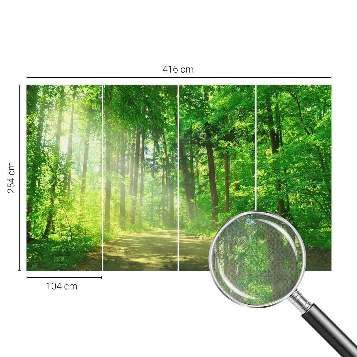 FOTOTAPETE 416x254 cm - Waldweg - Grün, Textil (416/254cm) - Wallfluent