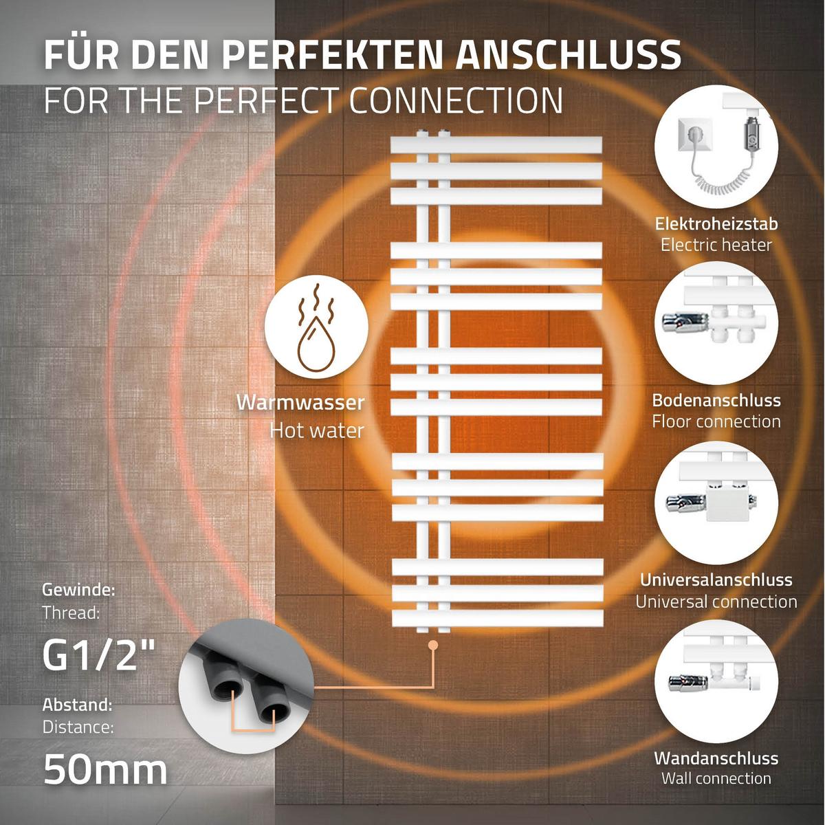 BADHEIZKÖRPER elektrisch Iron EM 500x1200 mm Weiß mit Heizstab 1200W - Weiß, Metall (50/120/3cm) - LuxeBath