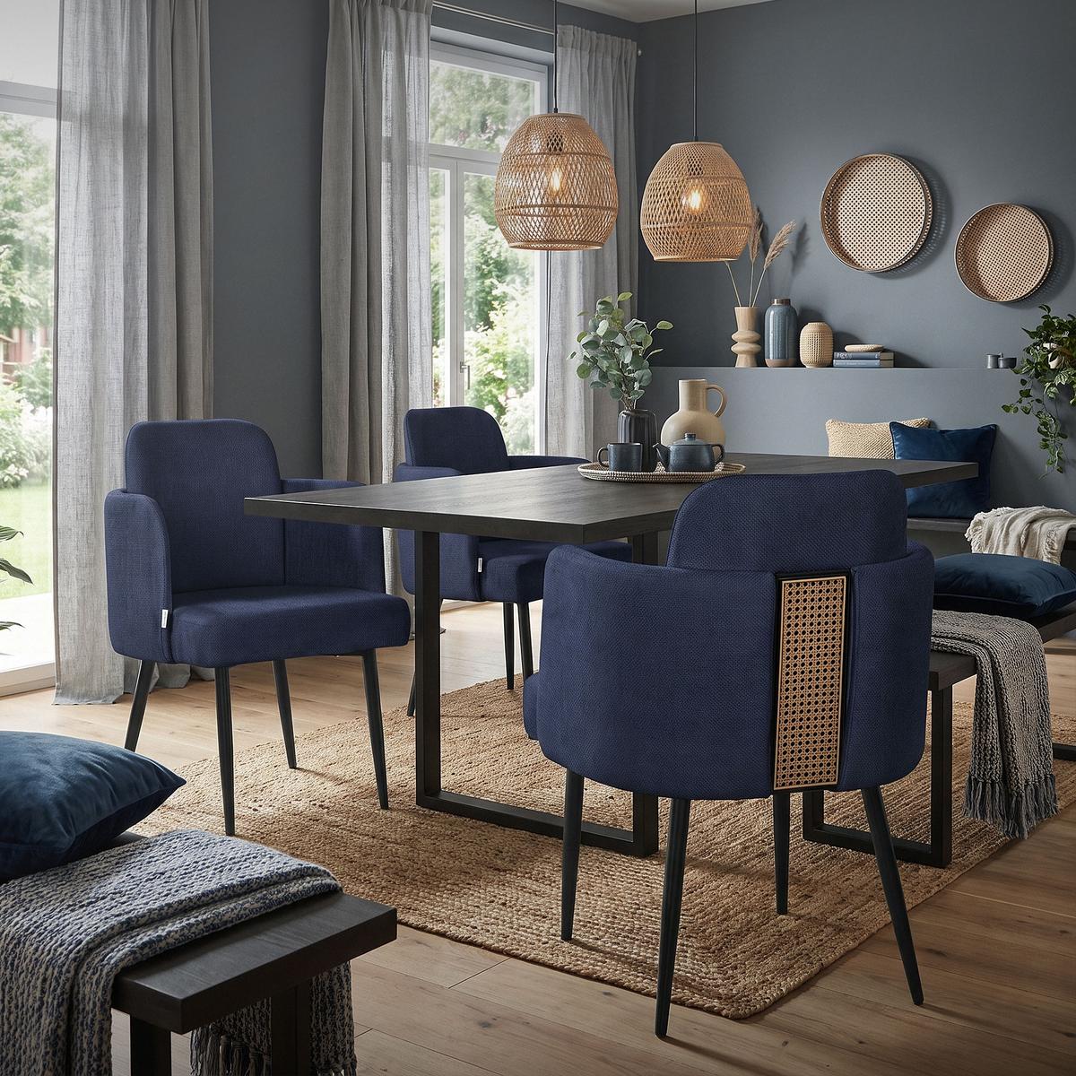 ESSZIMMERSTÜHLE 2er Set Dunkelblau mit Stoffbezug Rattan Optik - Schwarz/Dunkelblau, Textil/Metall (59/86/59cm) - ML-DESIGN