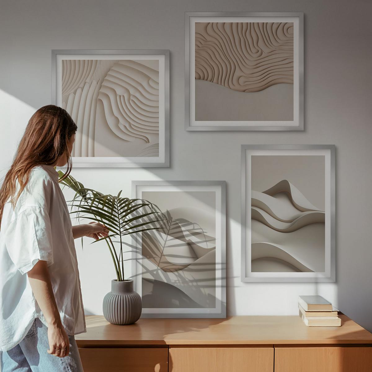 BILDER SET 4er Set - 50x50 cm & 40x60 cm Silberner Rahmen - Abstrakte beige Wellen - Silberfarben, Kunststoff (50/50cm) - TULUP