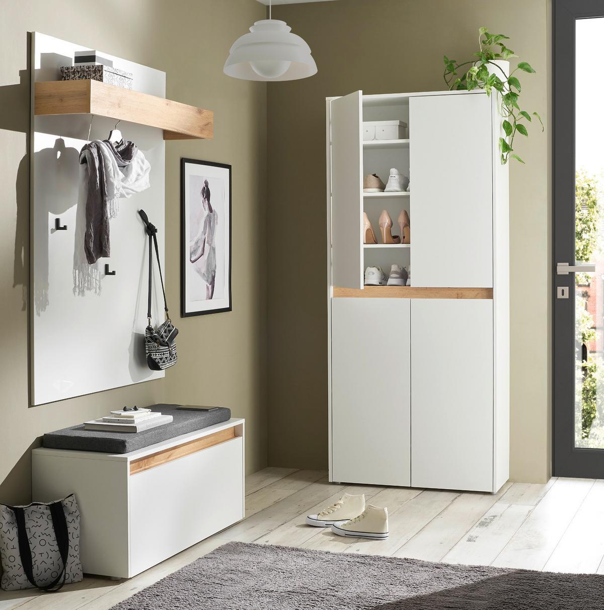 SCHUHSCHRANK weiß matt, Eiche Wotan 85 x 195 cm, Flurschrank 4-türig - Eiche Wotan/Schwarz, Holzwerkstoff/Kunststoff (85/195/35cm) - Furn.Design