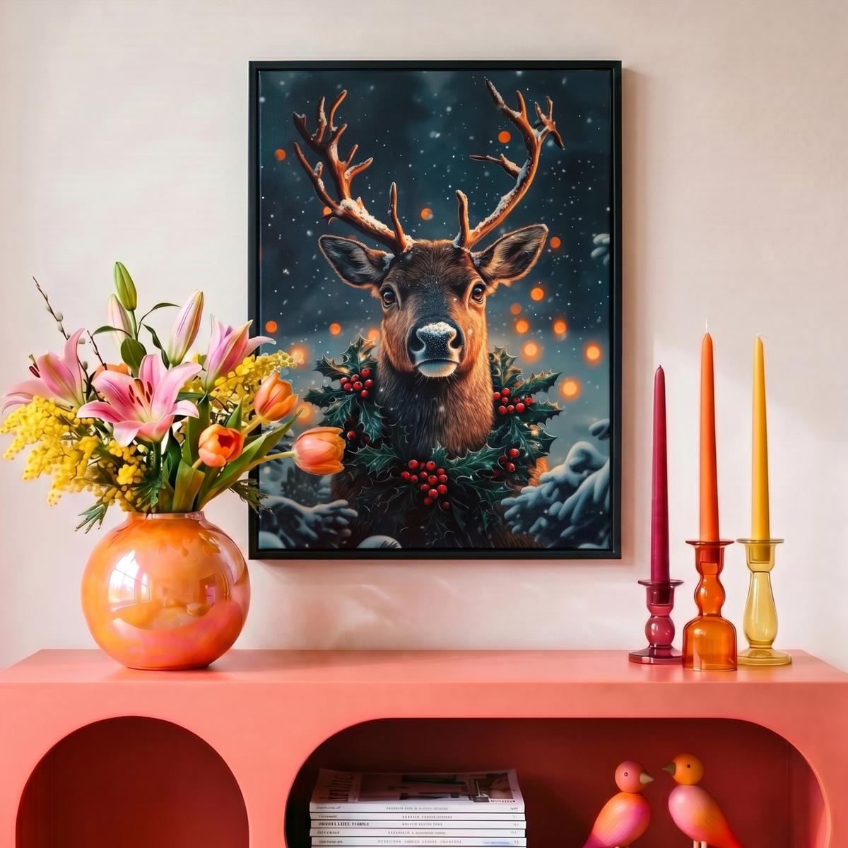 LEINWAND Bilder mit Rahmen - Hirsch - Weihnachten - Winter - Schnee - Weihnachtskranz - 30x40 - Dunkelbraun, Textil (30/40cm) - MuchoWow
