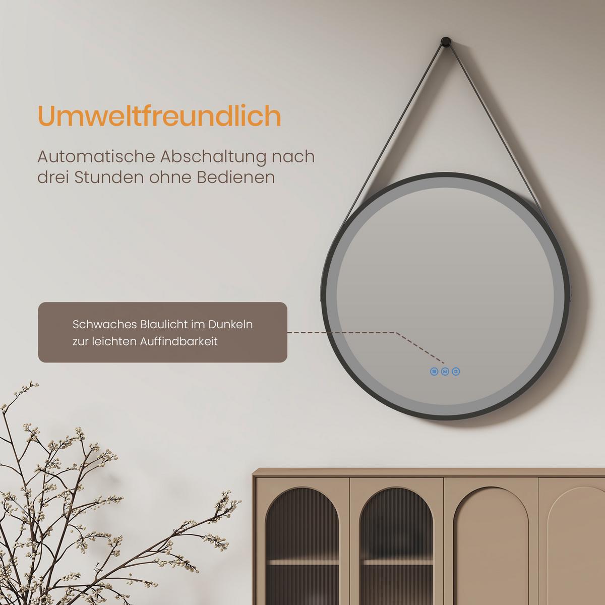 BADSPIEGEL mit Touch-Schalter Beleuchtung mit Hängeriemen Schwarz Ø 60 cm - Schwarz, Glas (60/60/3.5cm) - EMKE