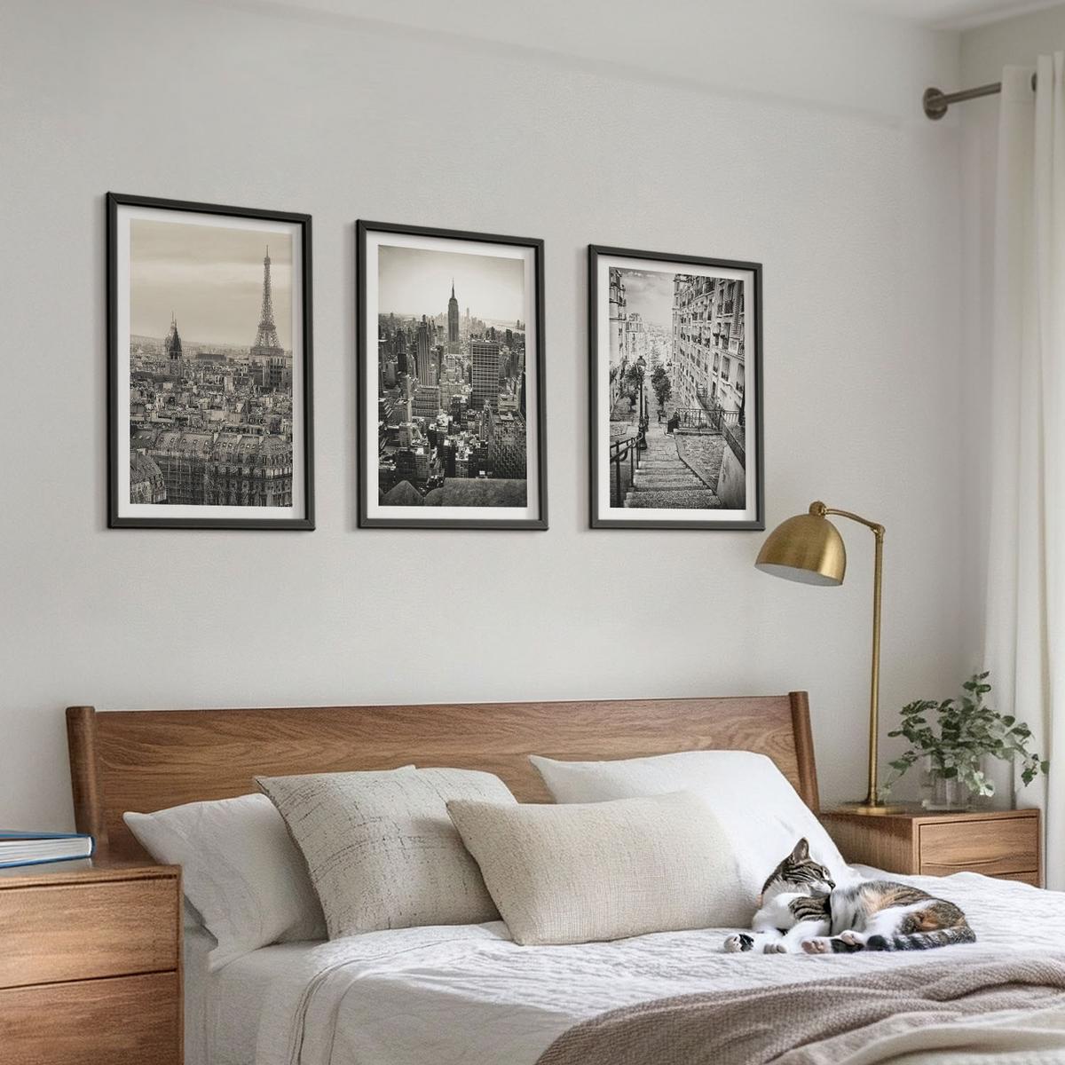 BILDER SET 3er Set - 40x60 cm Schwarzer Rahmen - Aussicht Paris New York Treppen - Schwarz, Kunststoff (40/60cm) - TULUP